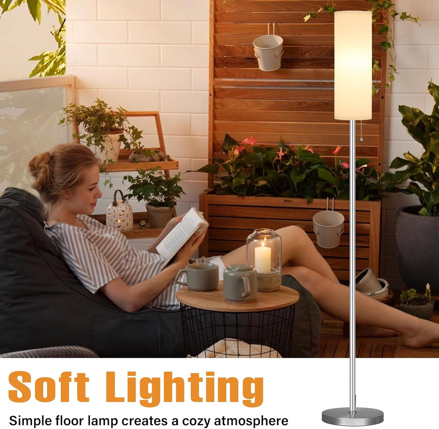 Ambimall Floor Lamp for Living Room with 3 Color Temperatures Bulb, 64" Standing lamp with Linen lampshade for Bedroom, Minimalist Pole Lamp, White Shade & Silver Pole