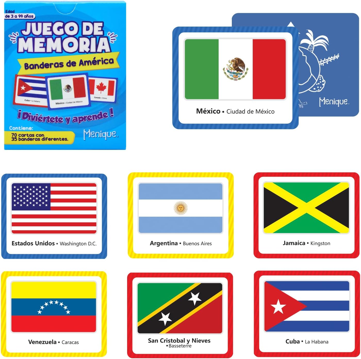 Menique Flags of The Americas Memory Matching Game – Spanish Edition – 70 Cards (35 Pairs) with Flags, Countries & Capitals – Educational Matching Game in Spanish for Kids and Adults