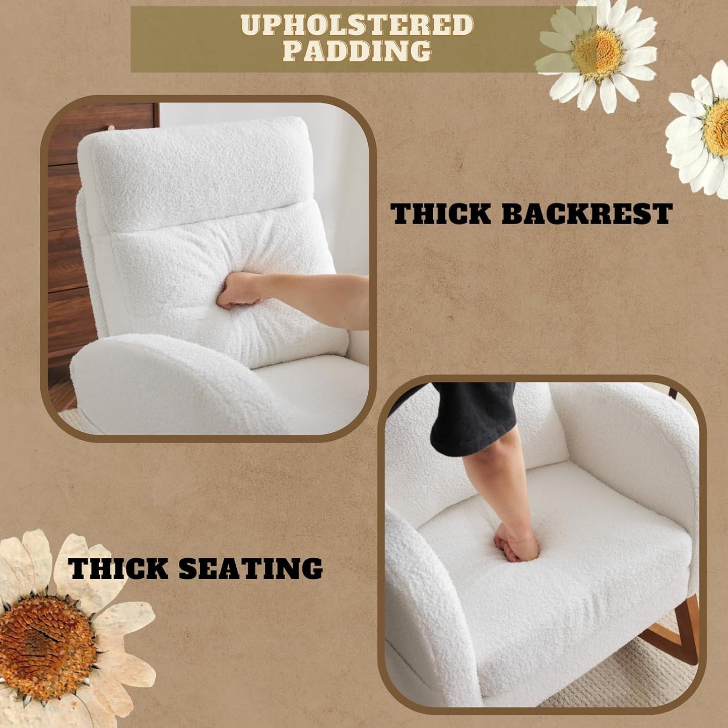 VINGLI White Teddy Fleece Rocking Chair Nursery with Thick Headrest, Upholstered Mid-century Modern Nursing Rocker Glider with Curved Armrest, Sturdy Solid Wood Base for Living Room,Bedroom, Baby Room