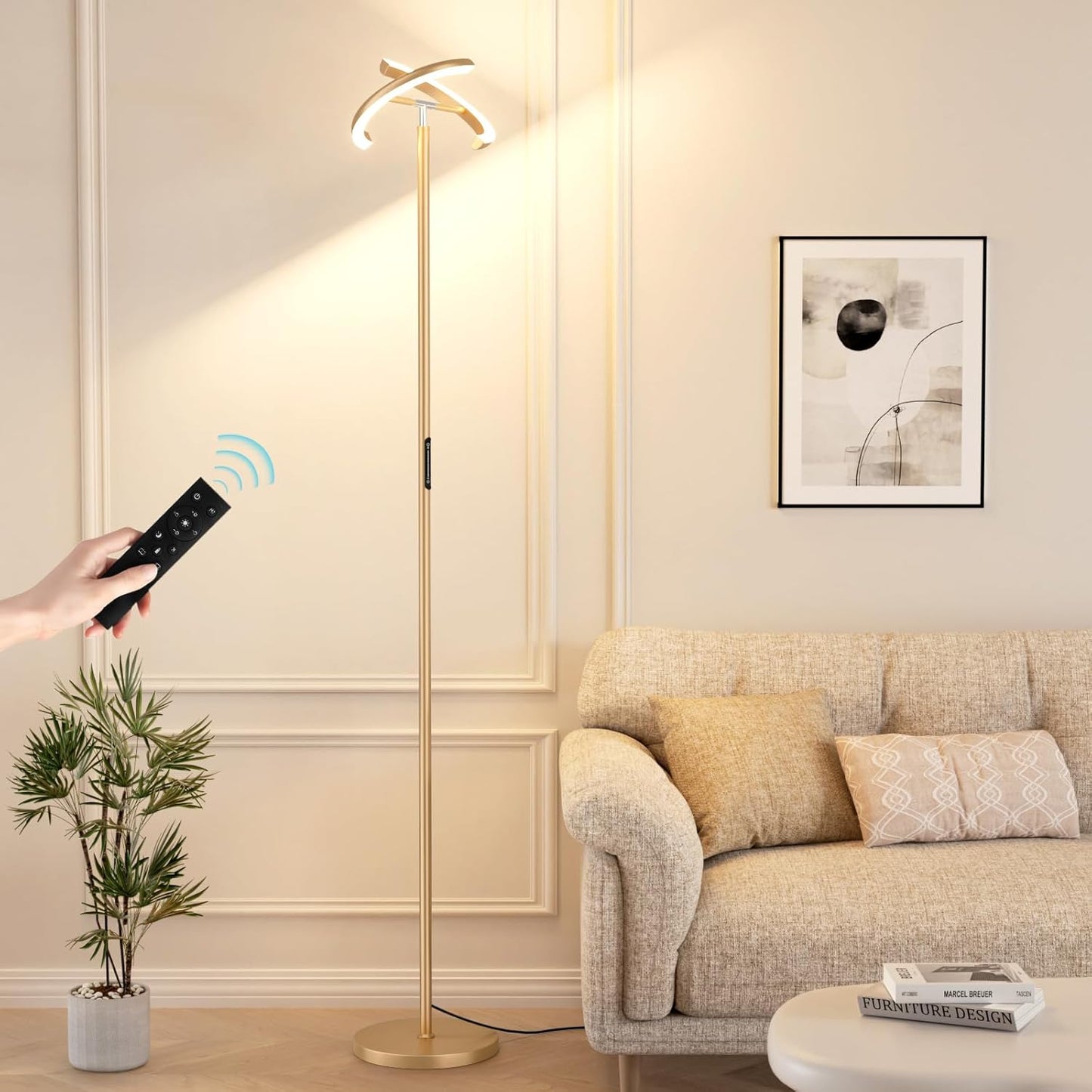 Floor Lamps for Living Room, 40W/2400LM LED Gold Floor Lamp with Touch & Remote Control, 70" Tall Standing Lamp Stepless Dimmable, Modern Torchiere Corner Lamp for Bedroom, Office- Gold