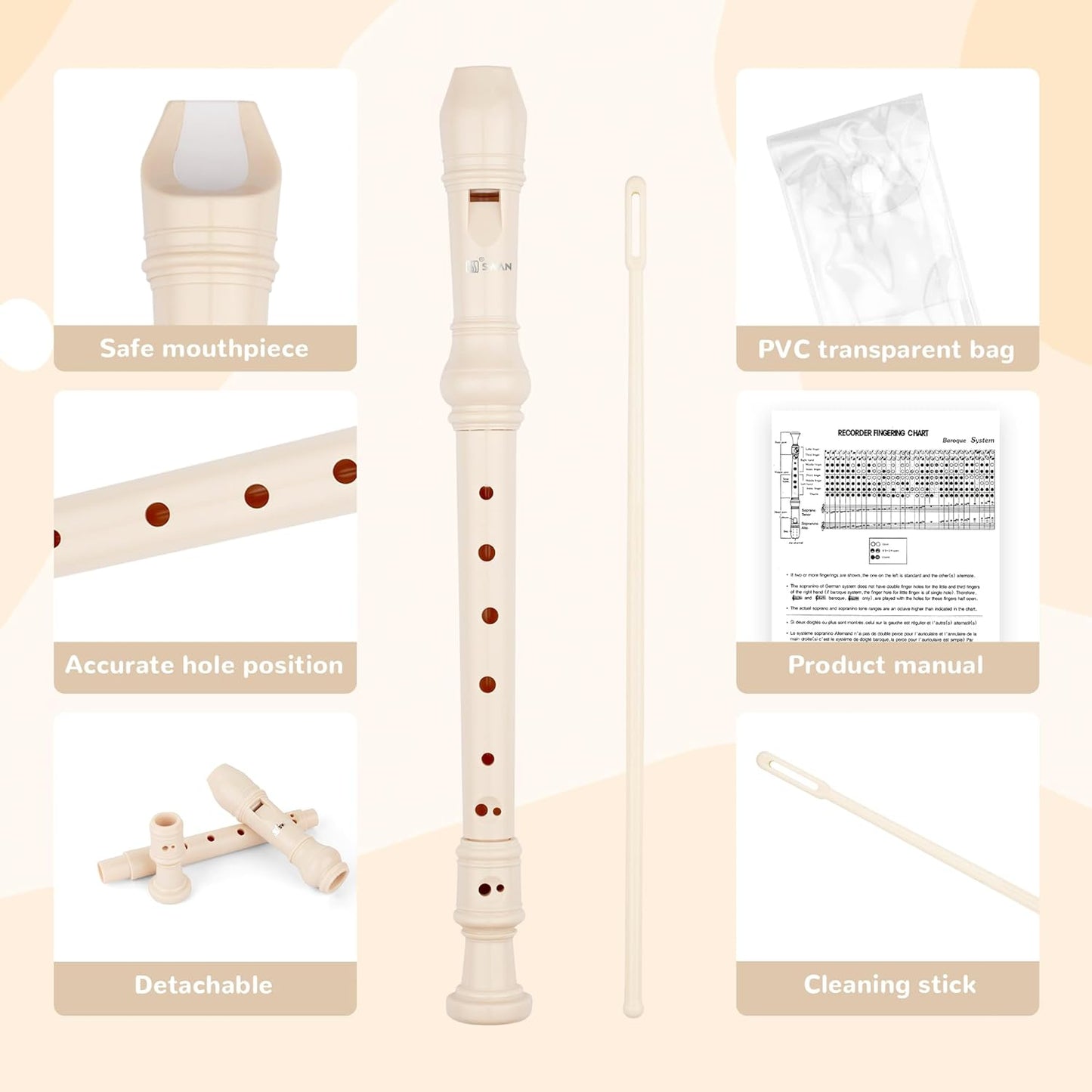 SWAN Soprano Recorder Instrument for Beginners Kids Student in School - German Fingering 8 Hole Flute 3pcs ABS Descant Recorders with Cleaning Rod and Fingering Chart, Beige