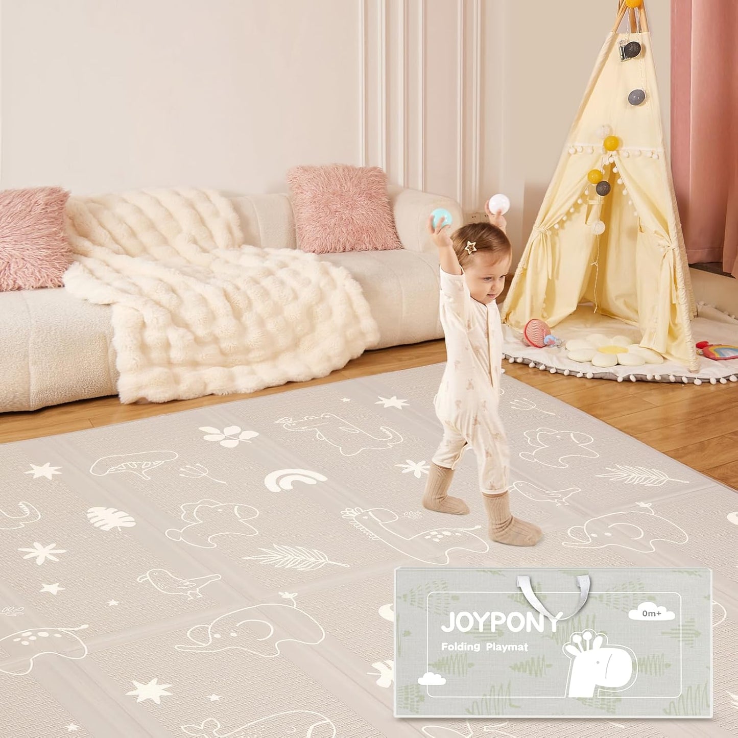 Baby Play Mat, 79" X 71" X 0.6" Extra Large & Thick Reversible Foldable Play Mats for Babies and Toddlers, Anti-Slip Portable Baby Floor Mat for Tummy Time, Baby Mat for Floor with Travel Bag