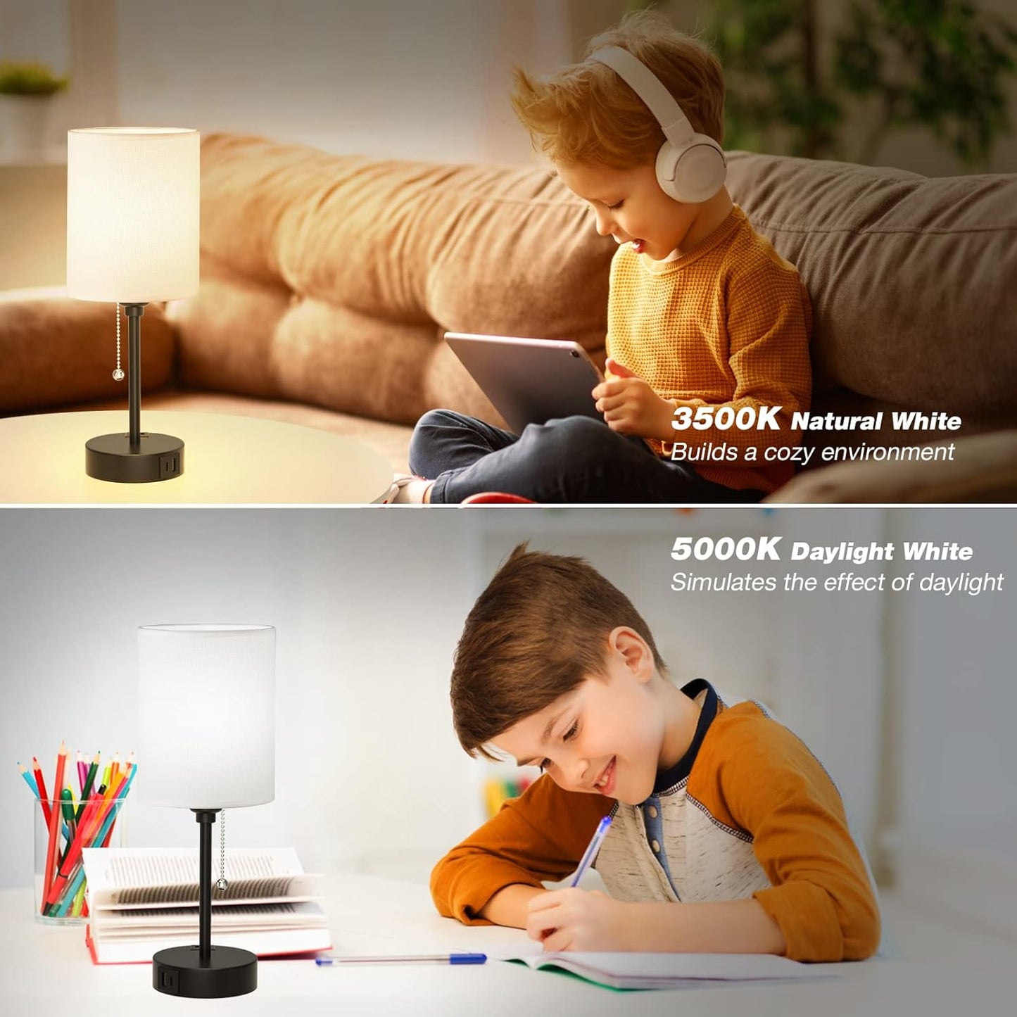 Bedside Table lamp for Bedroom Set of 2-3 Color Temperatures Small Lamps with USB C and A Ports, Pull Chain Table Lamps with AC Outlet, White Nightstand Lamps with Black Metal Base for Kids Reading
