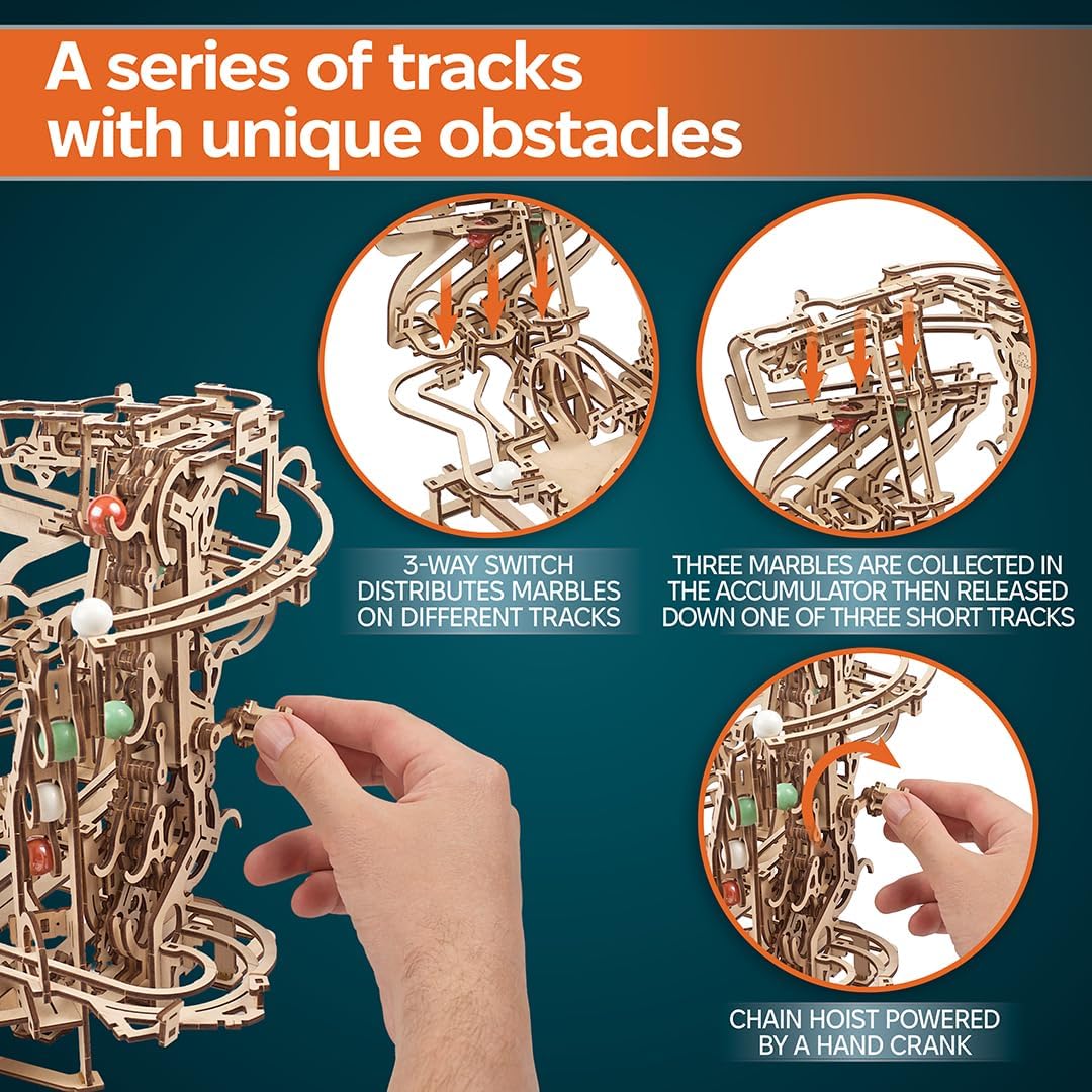 UGEARS Wooden Marble Run Chain Hoist - Mechanical 3D Wooden Puzzle for Adults, DIY Model Kit for Adults, Unique Puzzle - 3D Puzzle Marble Game Gifts - 400 Pieces
