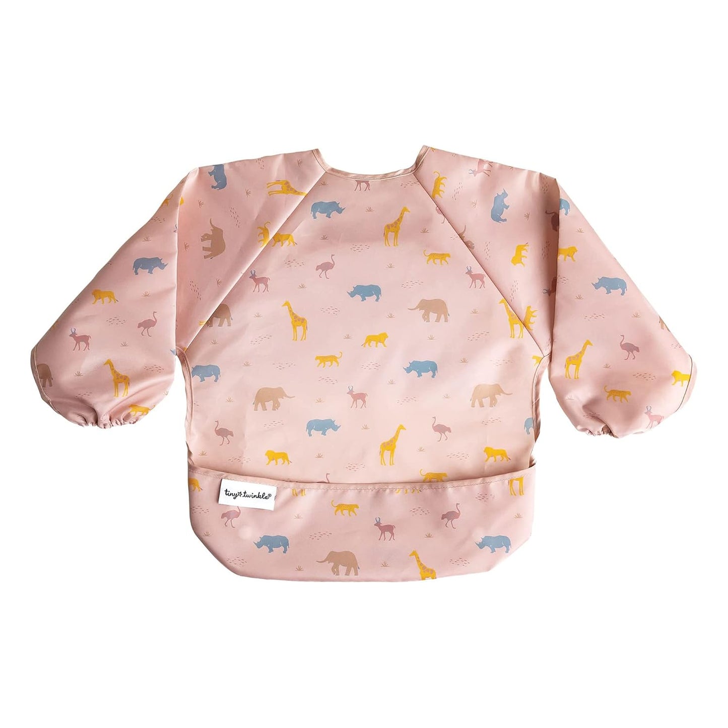 Tiny Twinkle Mess Proof Baby Bib,Waterproof Smock Baby Bib for Eating,Machine Washable Long Sleeve Bib,Baby Led Weaning,Toddler Bib,BLW Supplies(Petite Safari, Small 6-24 Months)