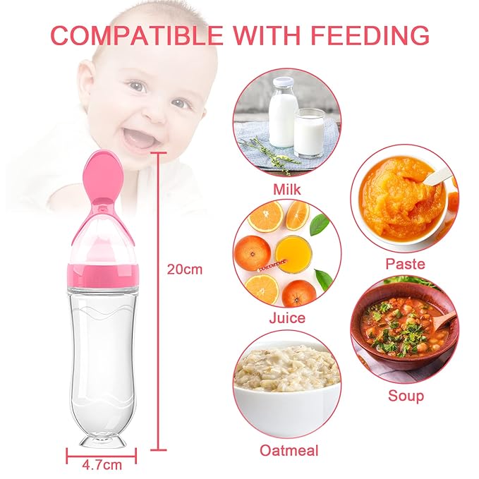 Food Feeder Baby Fruit Feeder Pacifier (3 Pcs) with 6 Different Sized Silicone Pacifiers,Silicone Baby Food Dispensing Spoon 90ML with 2 Babies Spoons Pacifier Clip Infant Fruit Teething Feeders-Pink