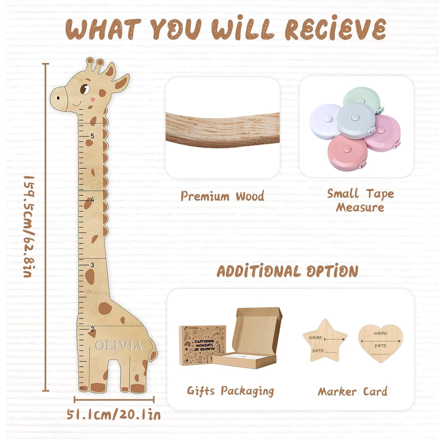 Personalized Name Children's Height Measurement Chart for Wall – Giraffe Kids Growth Chart Ruler, Nursery & Playroom Wall Decor 62.8" x 20.1"