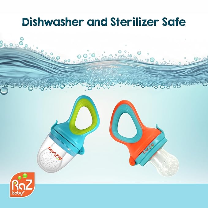 RaZbaby Baby Solids/Frozen Fruit Feeder Pacifier, Infant Teether Toy 6M+, BPA-Free, Safely Introduce Solids, Natural Teething Relief, Dishwasher Safe, Freezable – Blue & Orange 2-Pack