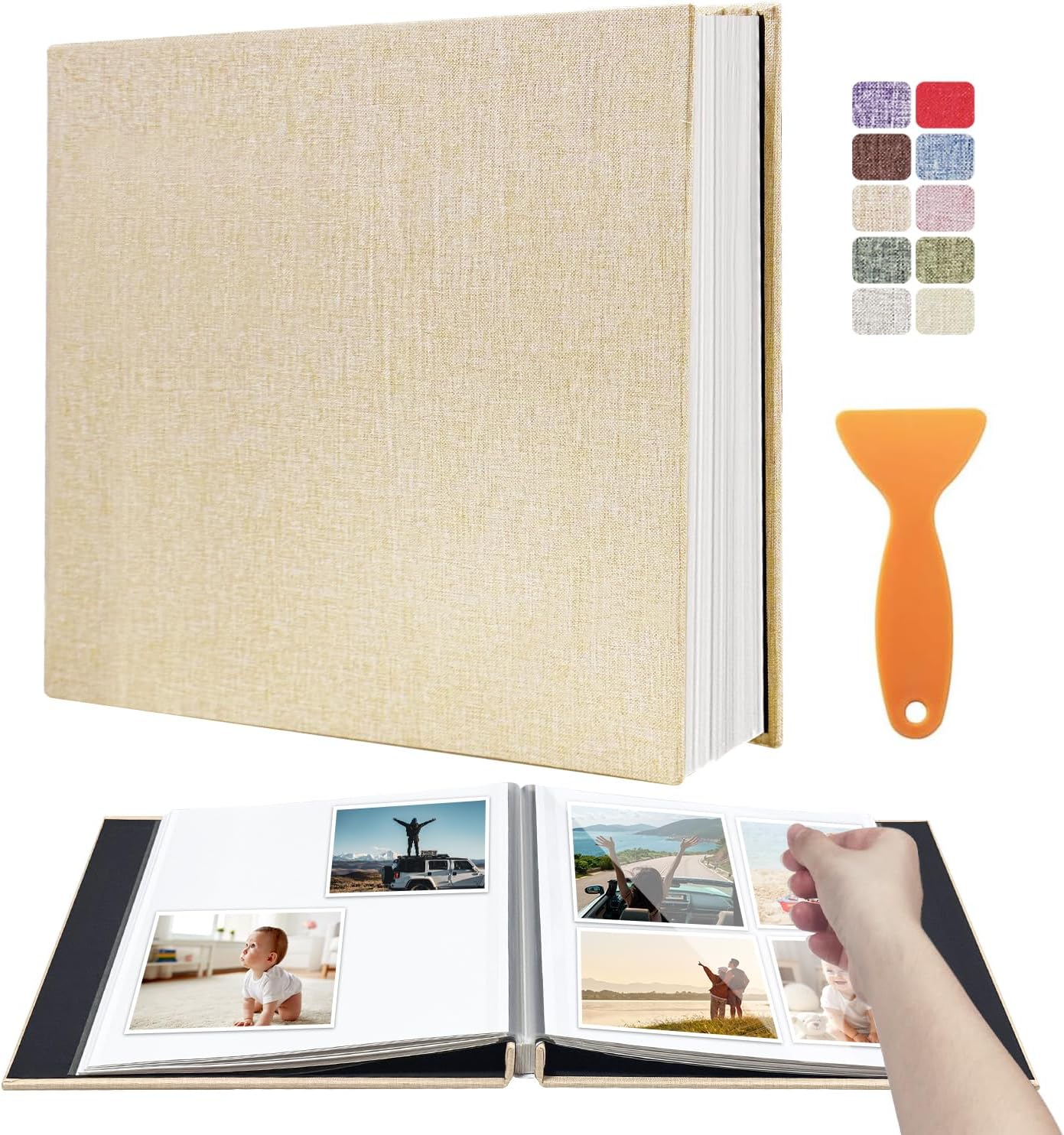 Large Photo Album Self Adhesive Scrapbook Album for 4×6 8×10 Pictures DIY Magnetic Linen Cover Album 40 Pages for Family Wedding Gifts with Metal Pen and Plastic Board