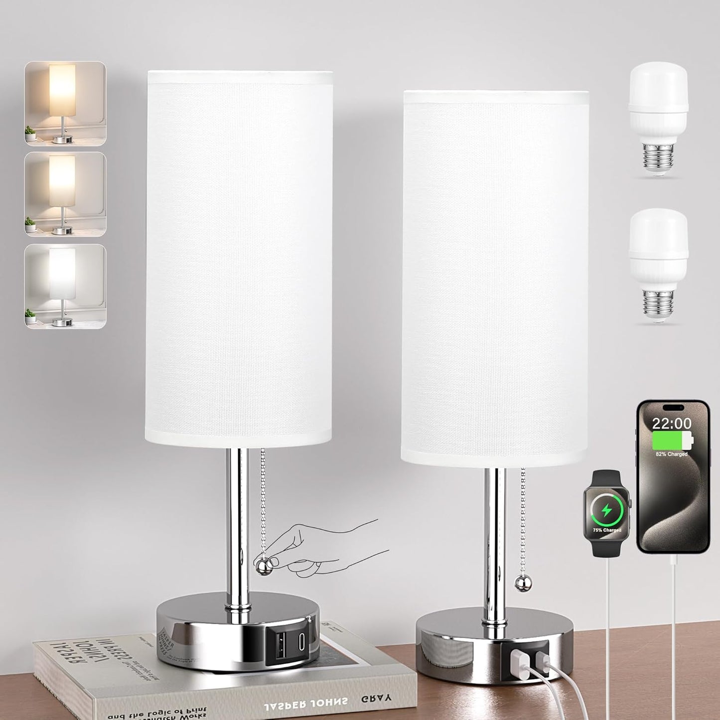White Bedside Lamps for Bedroom Set of 2 - Nightstand Lamp with USB Charging Port, 3 Color Temperatures, Silver Base Night Stand Light, Side Table Desk Reading Lamp Dorm Room