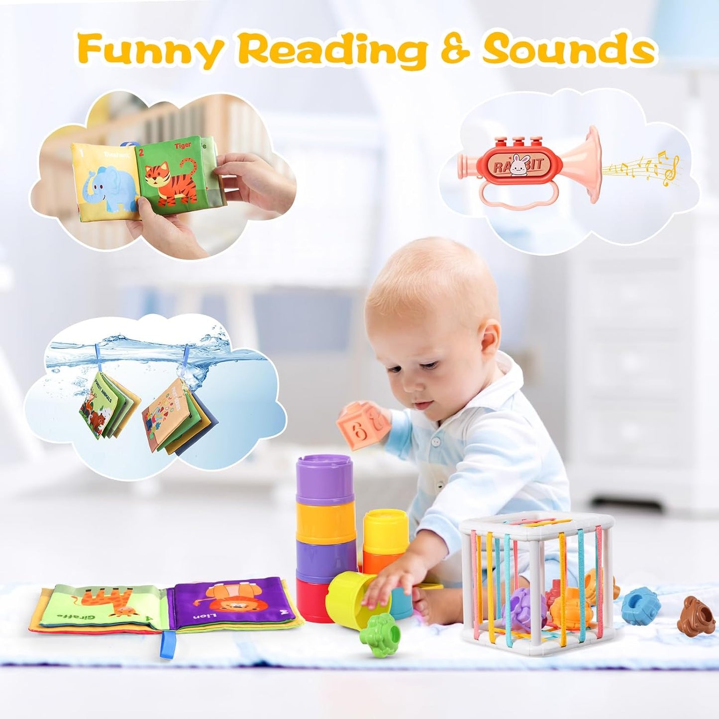 Montessori Toys for Babies 6-12 Months, 8 in 1 Soft Sensory Toddler Bath Toys for Babies, Montessori for 1 Year Old