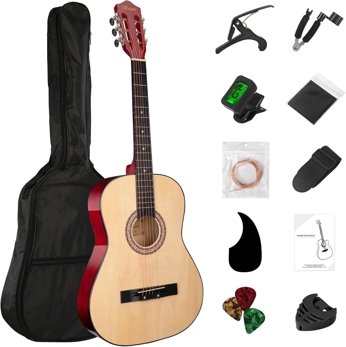 Acoustic Guitar 38" Wood Guitar with starter kit-Travel Gig Bag, Tuner,guitar pick with Beginner Set for Kids/Adults -Natural