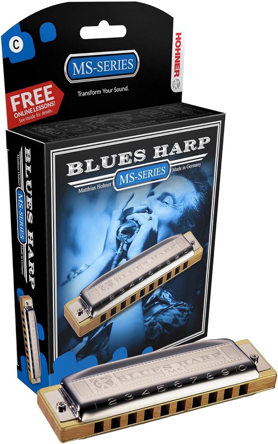 Hohner Harmonica 532 Blues Harp MS - Key of C Bundle with Key Stickers, Harmonica Beginner Manual, and Austin Bazaar Polishing Cloth
