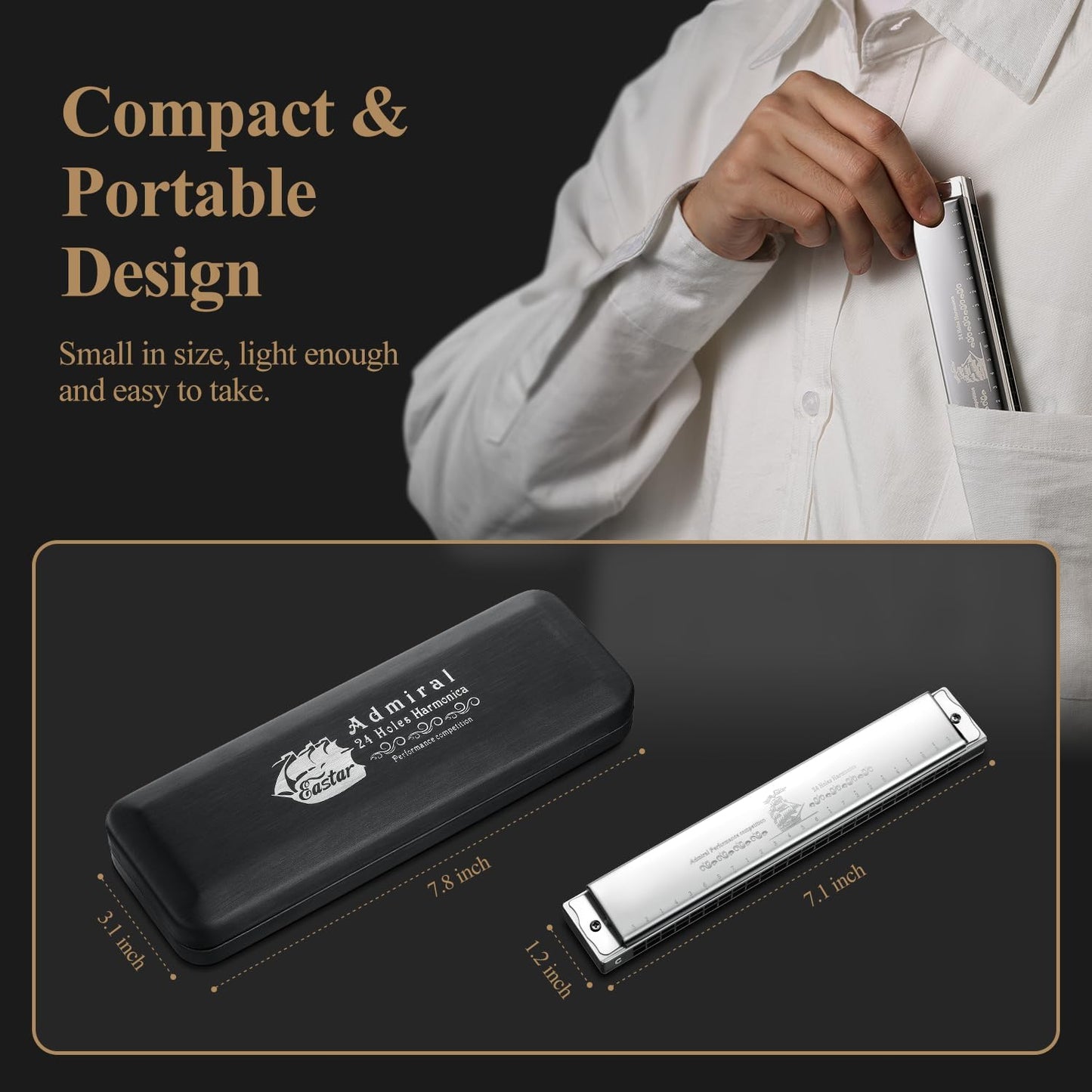 Eastar Admiral 24 Holes Harmonica, Key of C Tremolo for Beginners Adults Kids, Performance Competition Mouth Organ with Hard Case and Cloth, Silver