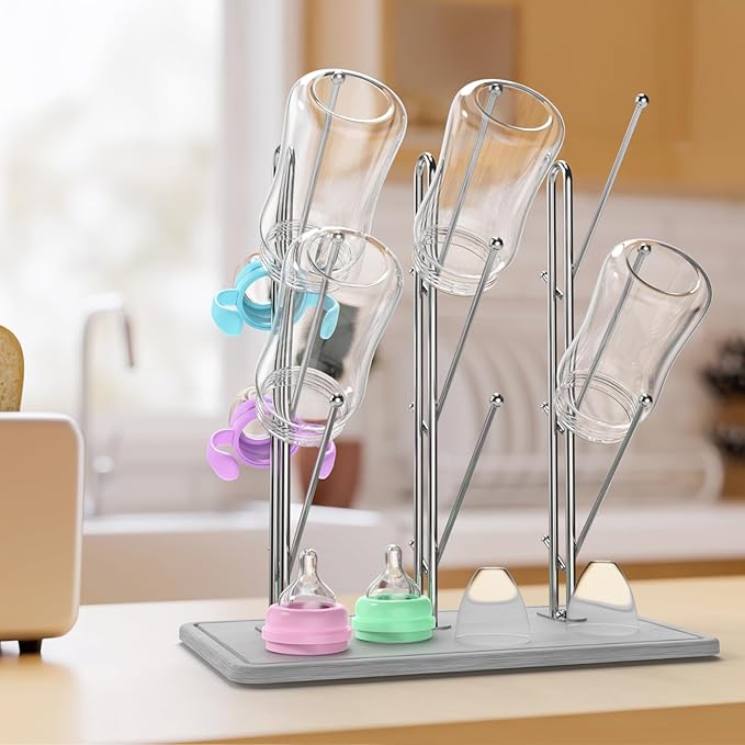 NiHome Baby Bottle Drying Rack with Diatomite Base & Stainless Steel Frame, Foldable Countertop Organizer Holds 9 Bottles, Space-Saving Stand for Water Bottles, Lids, Reusable Bags & More