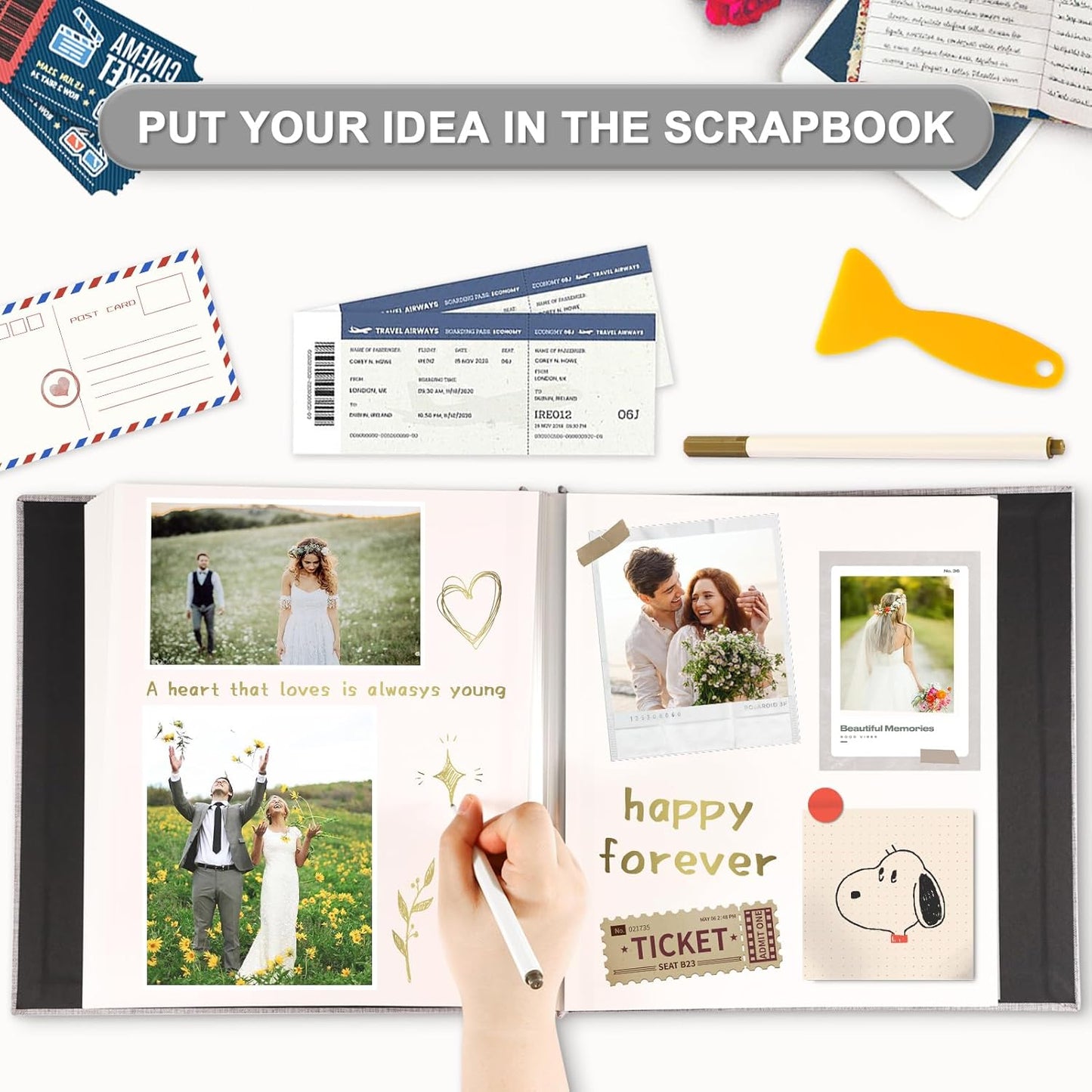 Photo Album Self Adhesive Pages Scrapbook Magnetic Photo Albums for 4x6 5x7 8x10 Pictures Sticky Pages Books for Baby Family Wedding 11x10.6 Yellow 40 Pages