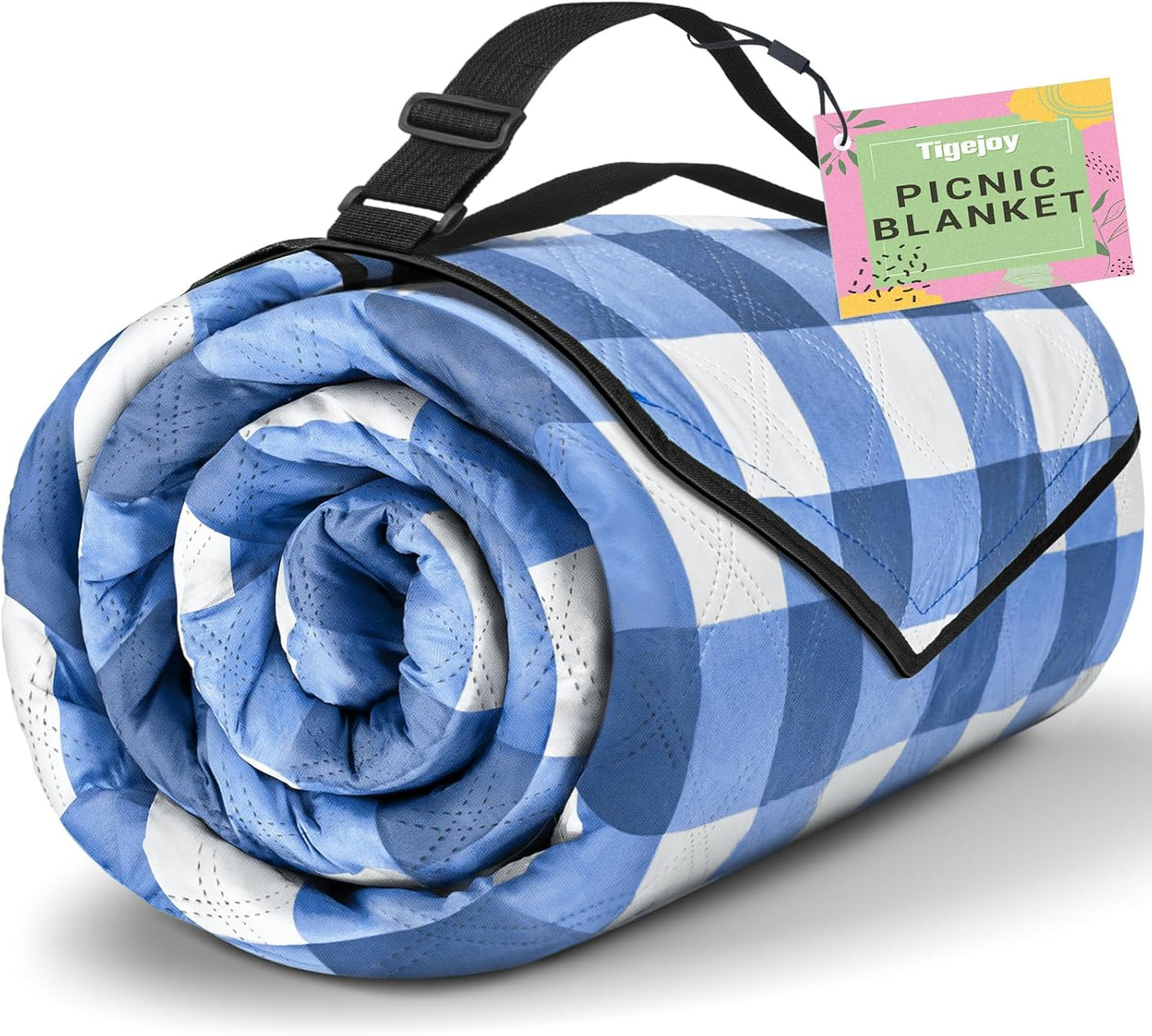 TigeJoy Extra Large Picnic Blanket Waterproof Foldable 80''x80'', Outdoor Picnic Mat Beach Blanket Sandproof for Park, Grass, Travel, Hiking, Camping Essentials, Gingham Picnic Blanket