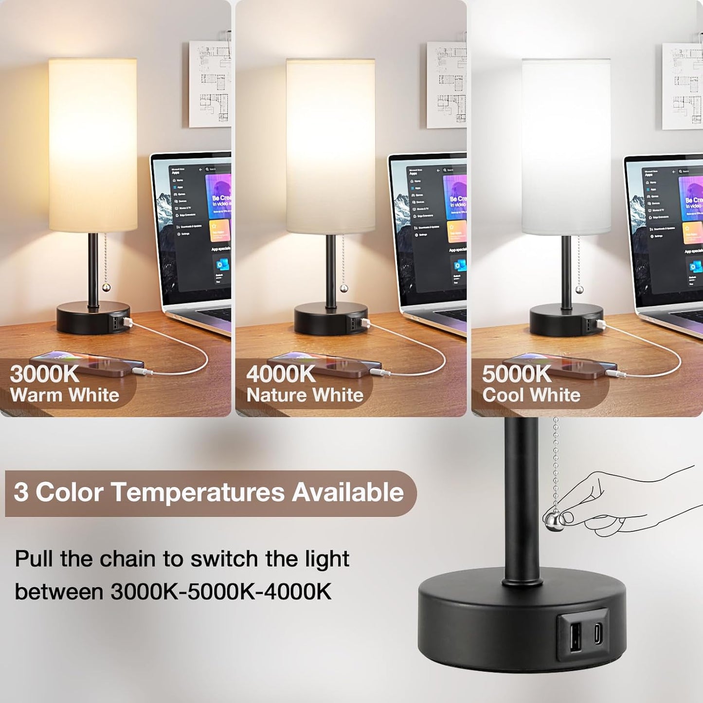 White Bedside Lamps for Bedroom Set of 2 - Nightstand Table Lamp with USB A + C Charging Port, 3 Color Temperatures Pull Chain Night Stand Light, Side Table Desk Reading Lamp for Living Room/Dorm