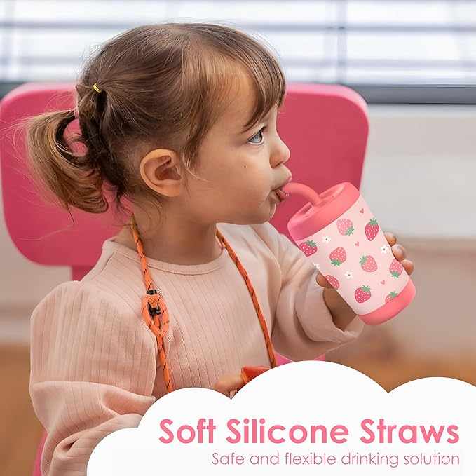 Kid Insulated Stainless Steel Tumbler with Silicone Straw, 12oz Sippy Cup for Kids (Strawberry)