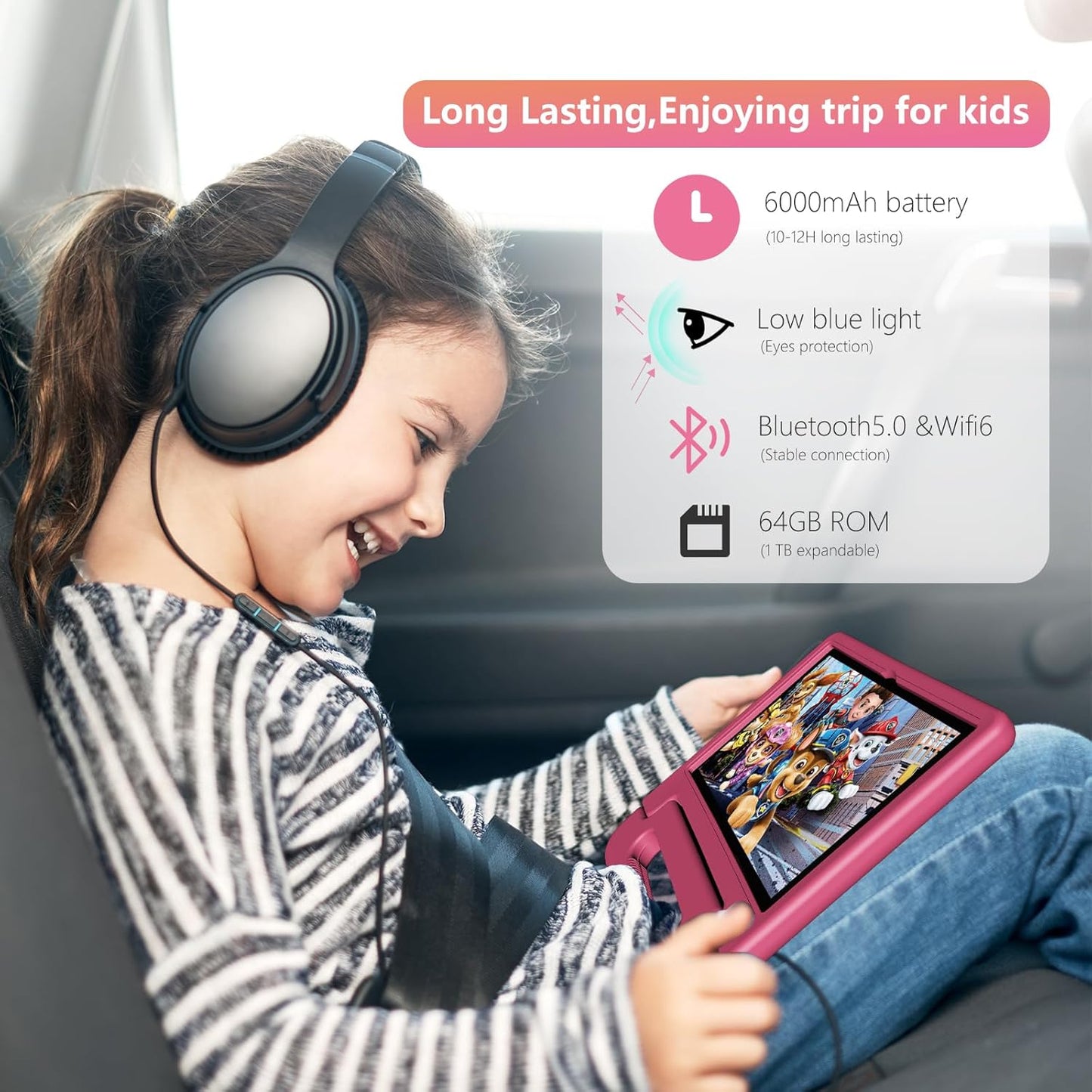 Tablet for Kids Age 3-12 10.1 inch Android 14 6000mAh 8GB RAM+64GB ROM(Expandable to 1TB Kids Tablet WiFi6 Google Kids Space Parental Control 1280 * 800 HD Screen (Pink)