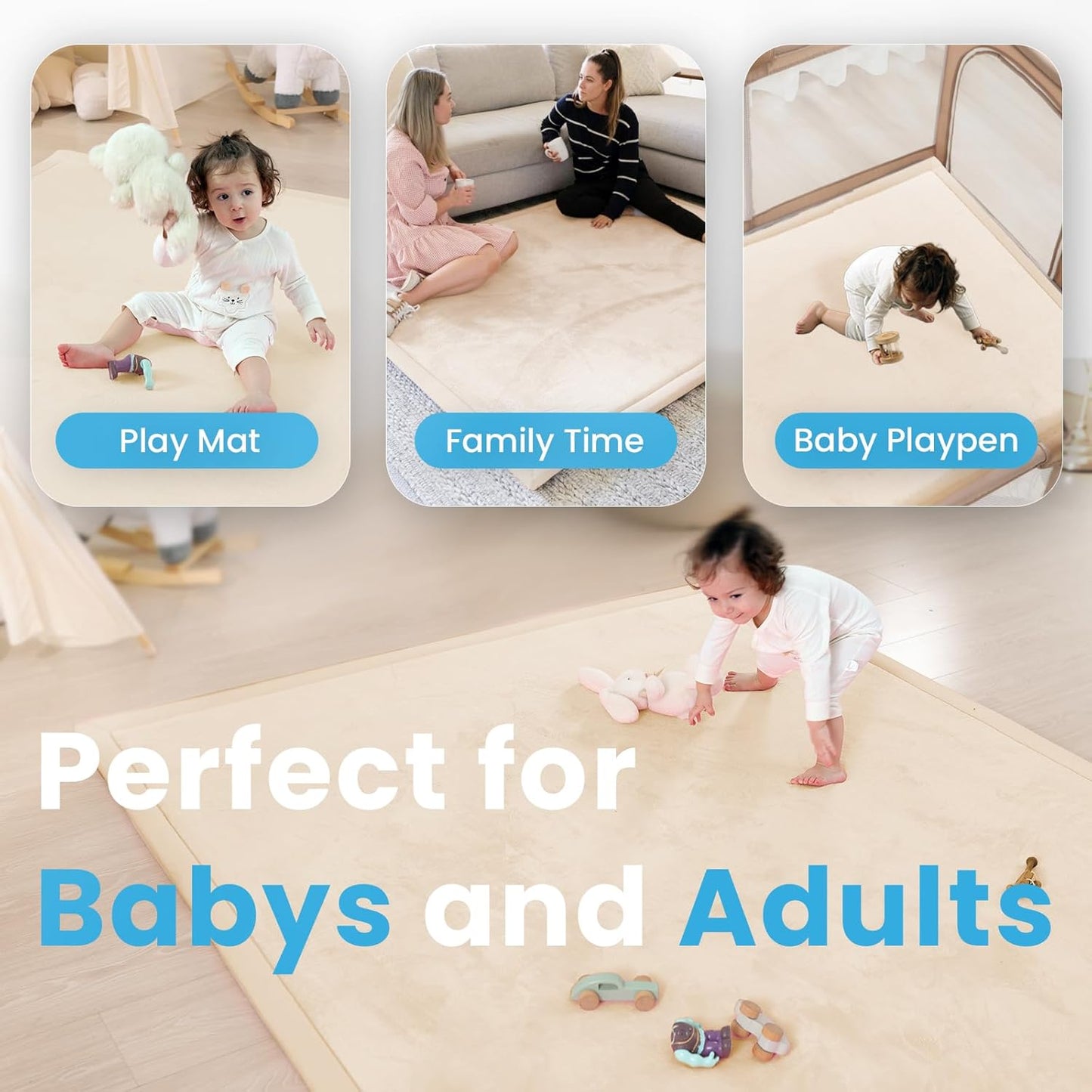 Baby Play Mat for Kids Room,Extra Thick Elasti-Foam Anti-Fall Cushion Mat for Babies,Toddlers,Infants,Water-Repellent&Non-Slip Bedroom Bedside Rugs(Beige)