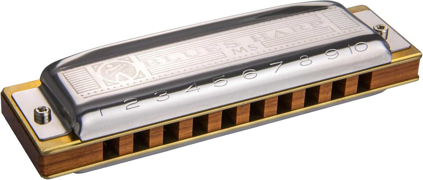 Hohner 532 Blues Harp MS Harmonica - Key of E Bundle with Case, Key Stickers, Harmonica Beginner Online Manual, and Austin Bazaar Polishing Cloth
