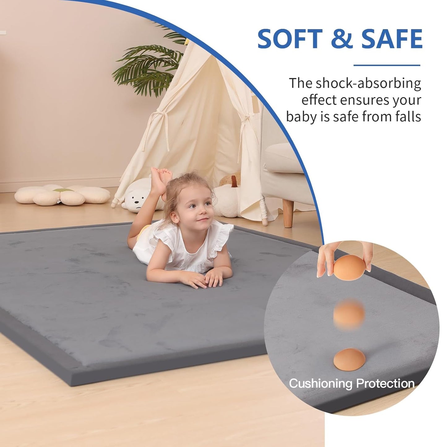Ultra Soft Baby Play Mat for Floor,1.3" Thick Elasti-Foam 50x50 Playpen Mat for Toddlers Infant kids,Water-Repellent Coral Velvet for Tummy Time,Non-Slip Backing Safe for Crawling,Tatami Style (Dark Grey)