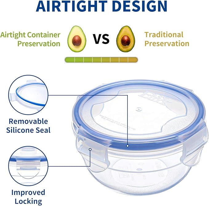 KIGI 6 PACK 10oz Plastic Round Bowls with Lid Airtight Food Storage Container Set Small Meal Prep Containers Bento Box