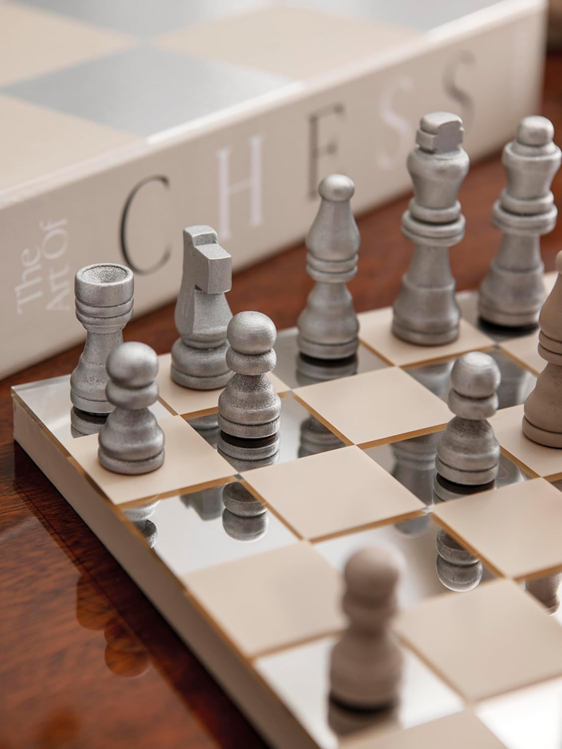 Classic – Art of Chess, Mirror – Beige & Silver Wooden Chess Set with Mirrored Acrylic Board – Stylish Coffee Table Game for Adults & Kids Ages 5+ – Multilingual Instructions Included