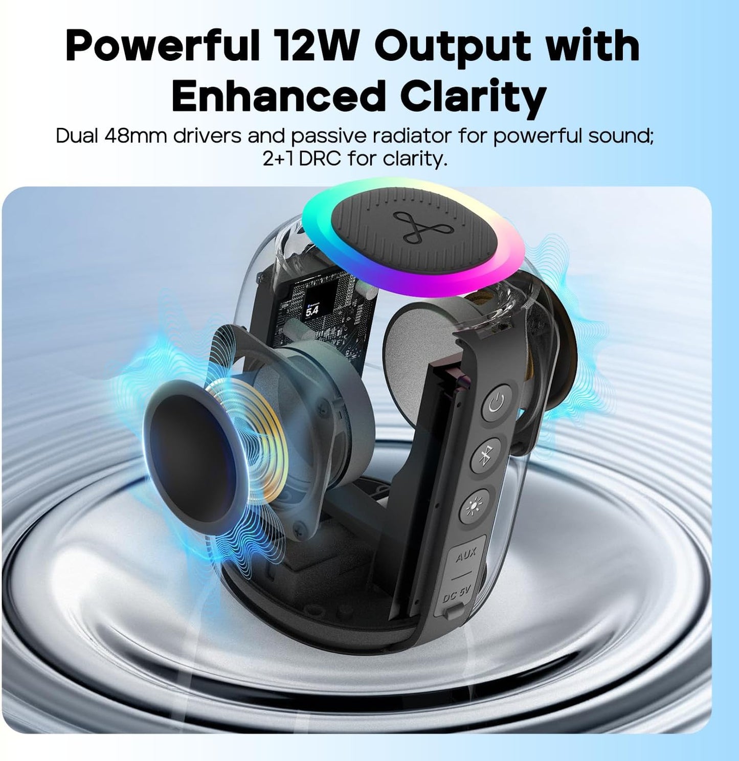 Tribit Portable Bluetooth Speaker StormBox Mini+, 12W Shower Speaker with 360°Surround Sound, 12H Playtime, Custom EQ, BT5.4, IPX7 Waterproof, RGB Lights, Type-C, AAC/SBC, TWS, Party/Beach/Gift (Blue)