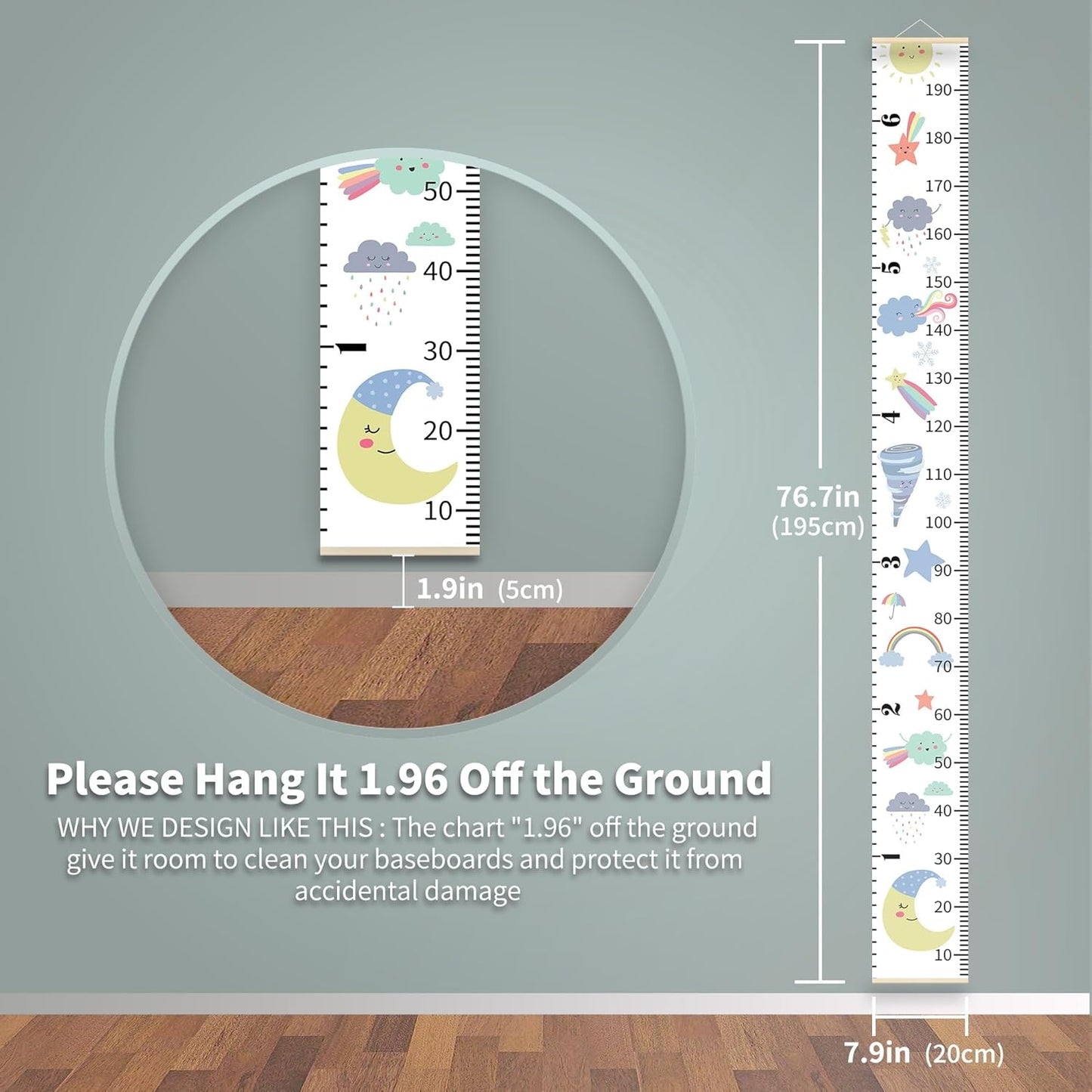 Baby Height Growth Chart, Canvas Ruler Home Nursery Wall Decor for Kids, Education Weather Icons Growth Tracker for Children Height Record, Boys & Girls Playroom Decoration