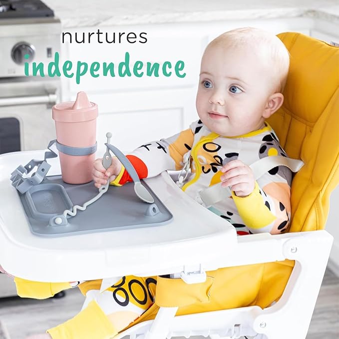 Busy Baby Bottle Bungee - Sippy Cup Strap - Keeps Bottles and Sippy Cups Off The Floor - Food Grade Silicone - Dishwasher Safe (Tan)