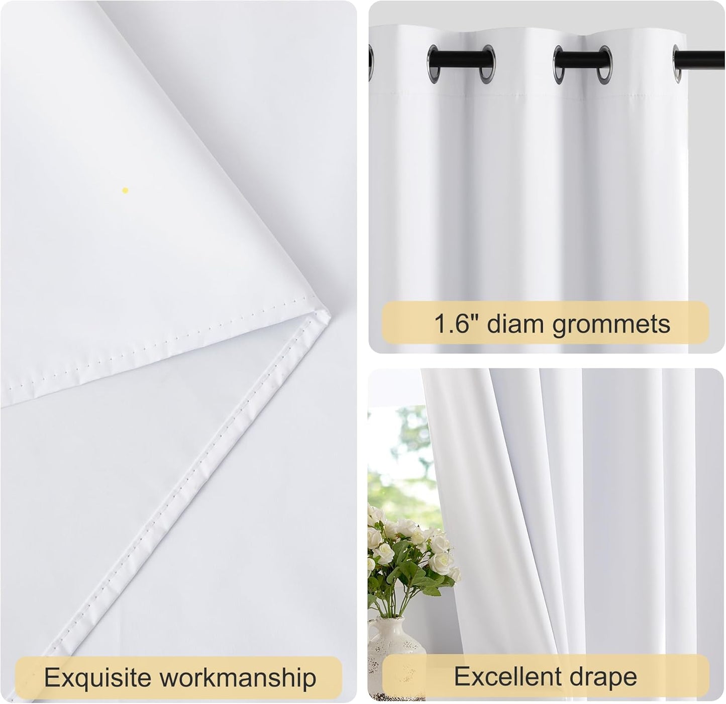 NICETOWN Bathroom Curtains 100% Blackout Window Treatments, Grommet Thermal Drapes Heat Blocking Sound Reducing Curtains for Kitchen/Bedroom, White, W52 x L54, 2 Panels