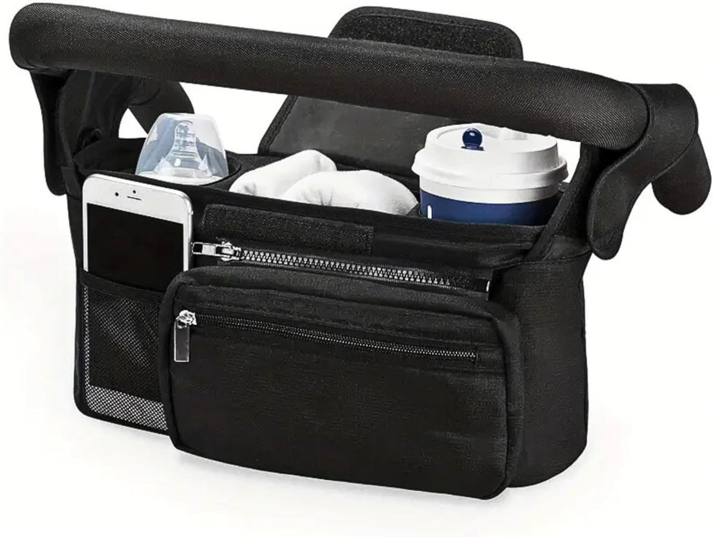 GajetNest Universal Stroller Organizer with Insulated Cup Holder Detachable Phone Bag and Carry Strap Fits Uppababy, Baby Jogger, Britax, BOB, Umbrella and Pet Stroller and more (Black)