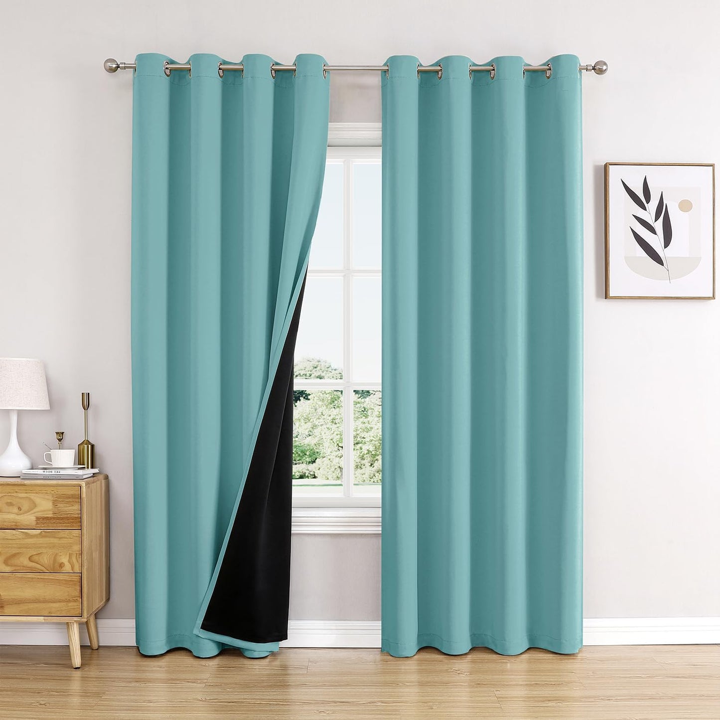 ChrisDowa 100% Blackout Curtains 72 inch Long for Bedroom with Black Liner, 2 Thick Layers Total Blackout Thermal Insulated Grommet Window Curtains 2 Panels Set (Aqua, 52 x 72 Inch)