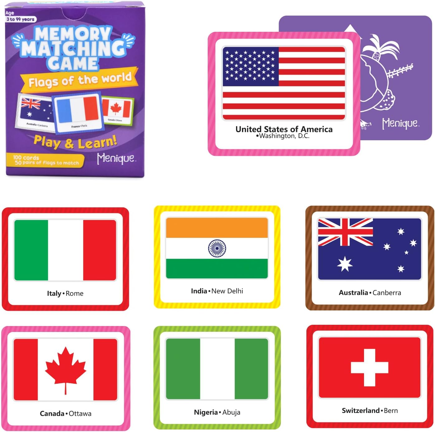 Menique Flags of The World Memory Matching Game – 100 Cards, 50 Countries to Match – Educational & Fun for Kids and Adults – Color-Coded by Continent – Learn Flags, Capitals, and Geography