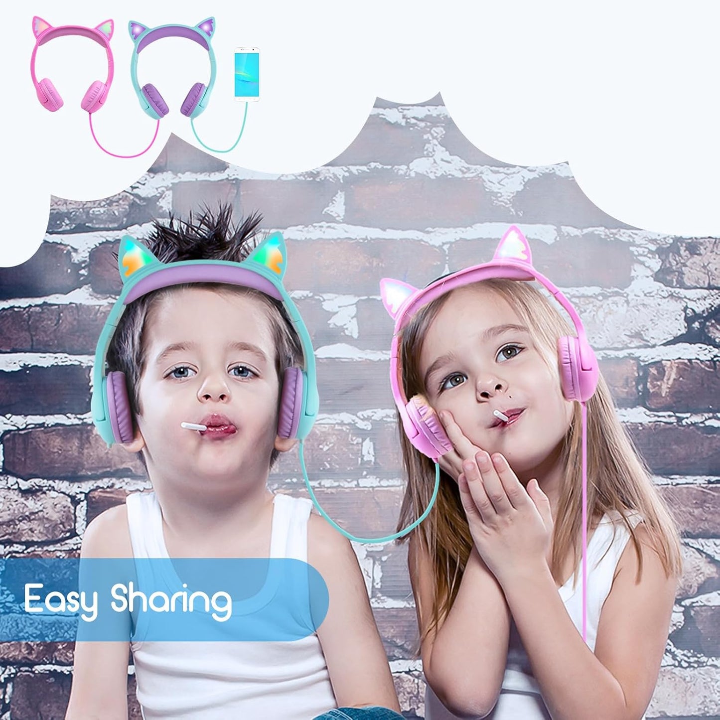 Olyre Kids Headphones with MIC for School, 85dB Safe Volume Limited Light Up Cat Ear Headphones,Wired Cord On-Ear Headset for Children/Boys/Girls/Travel-Green/Purple