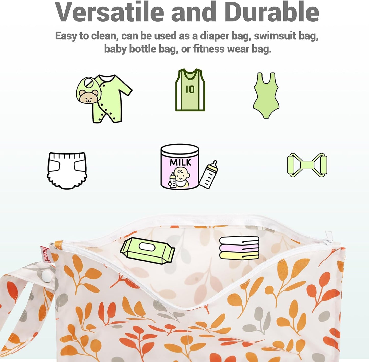 HECCEI Wet Dry Bag, 2-Pack Reusable Waterproof Wet Bagsfor Swimsuits & Baby Clothes, Leakproof Cloth Diaper Wet Bags for Travel & Diaper Changes (Little Sprouts)
