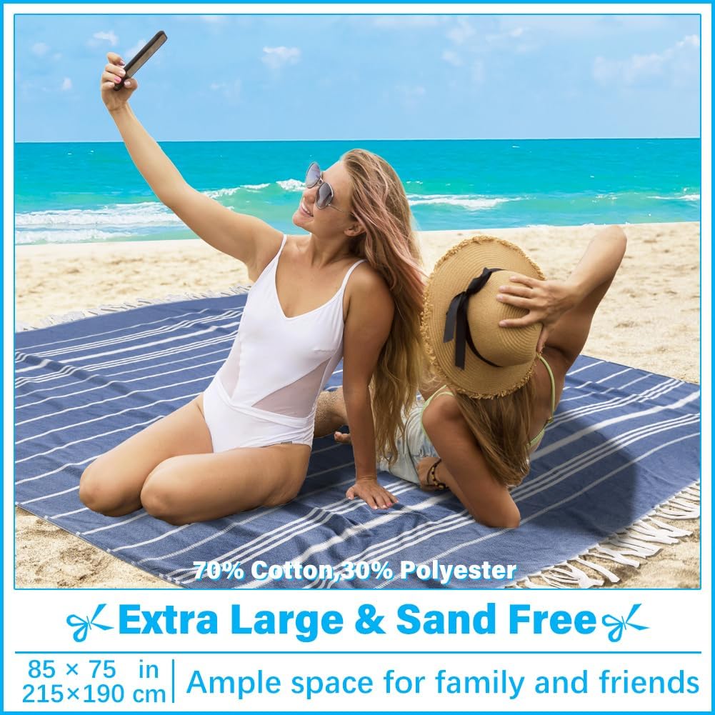 Oversized Turkish Beach Towel Blanket XXL Cotton Sandproof Towels Boho Woven Extra Large Big Sand Free Giant Throw Thick Blankets Huge Quilt XL Picnic Camping Necessities Cloud For Adult Gifts Blue