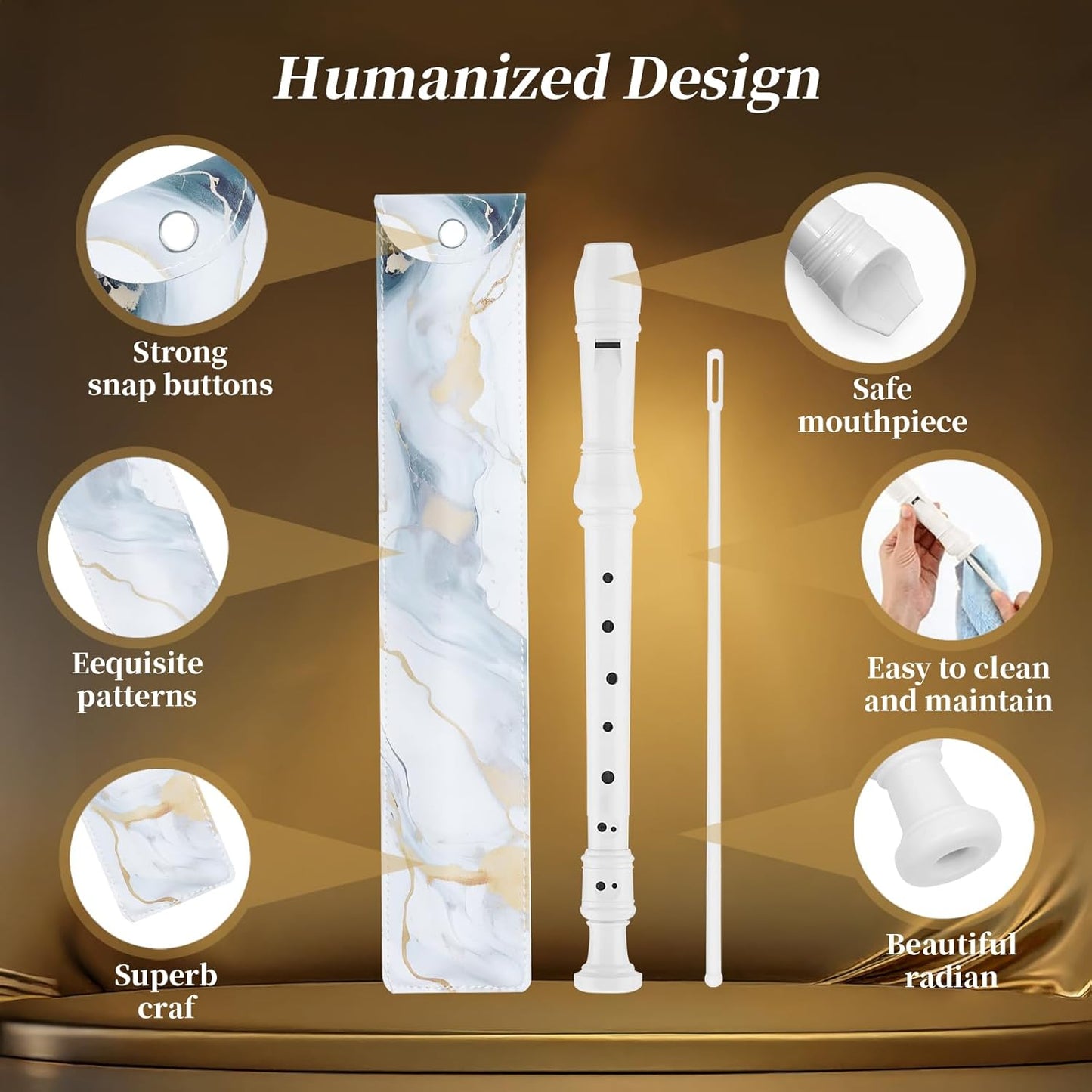 Soprano Recorder for Kids Beginners, German Fingering, C Key, 3 Piece with Cleaning Rod, Bag, Fingering Chart (White)…