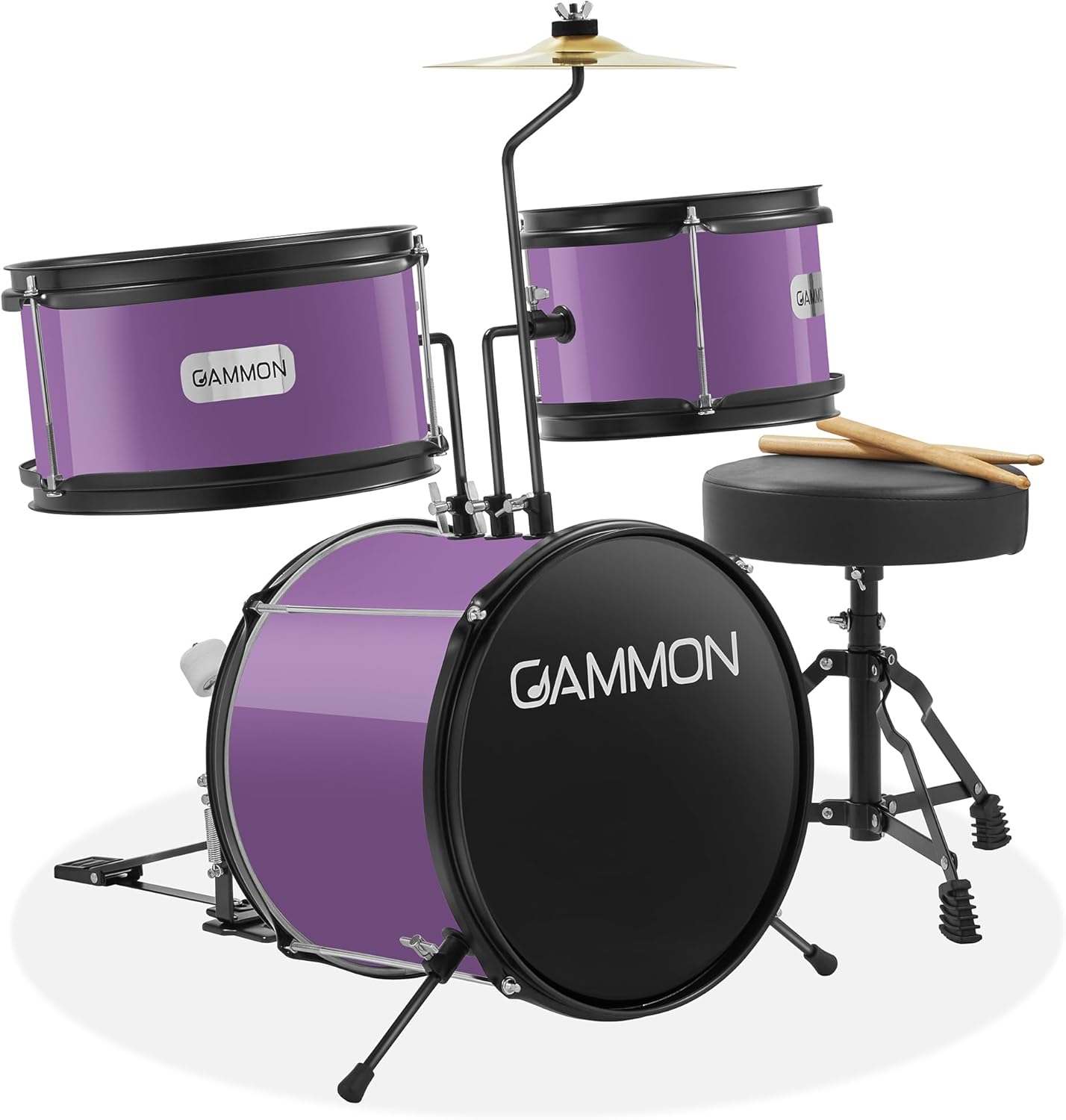 Gammon 3-Piece Junior Drum Set with Throne - Purple, Complete Beginner Kit with Bass Drum, Toms, Cymbal, Pedal, and Drumsticks