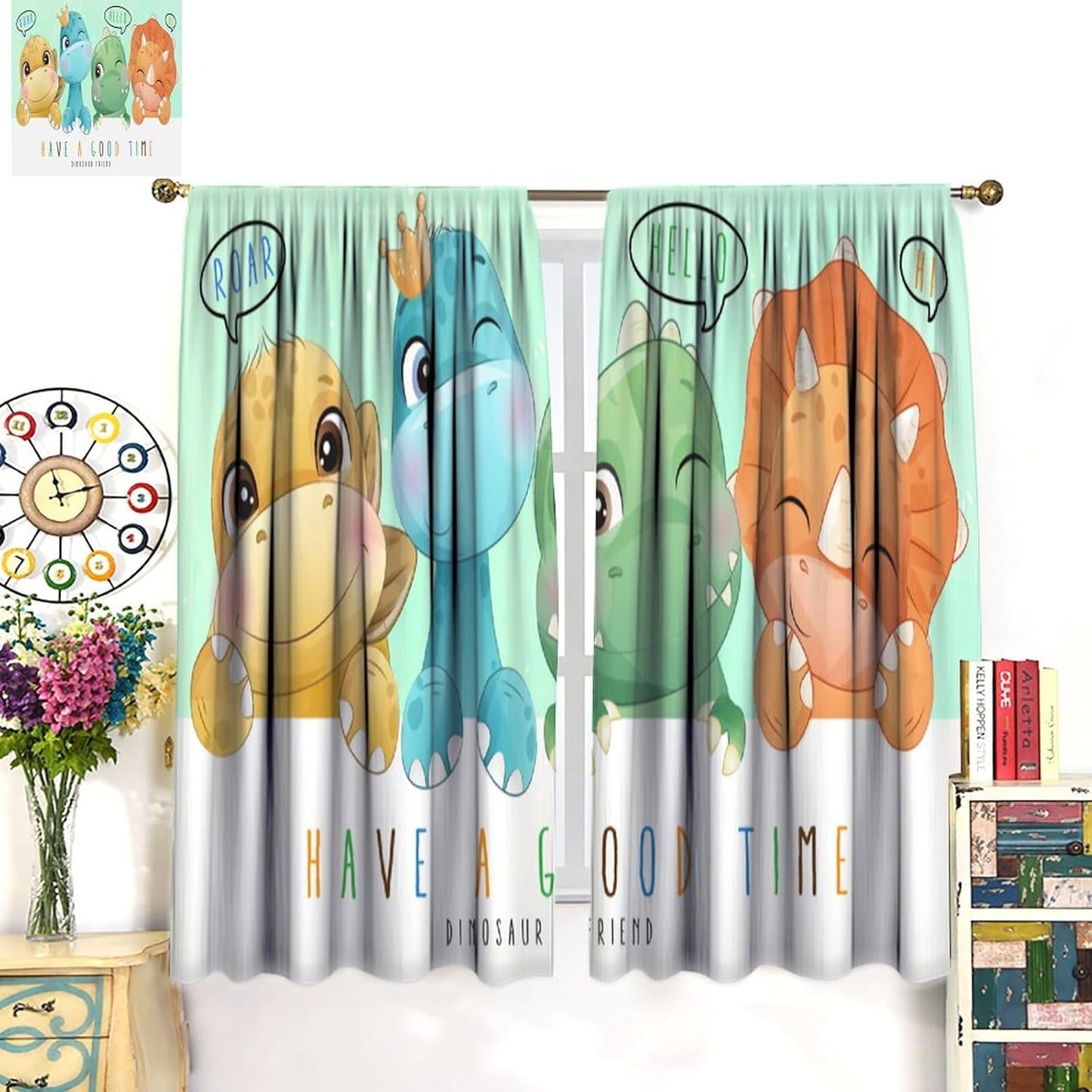 Kids Dinosaur Curtains for Boys Girls Bedroom Decor Cartoon Dino Colorful Cute Funny Animal Printed Blackout Rod Pocket Window Drapes for Baby Nursery Playroom Living Room W31.5xL63in 2 Panels