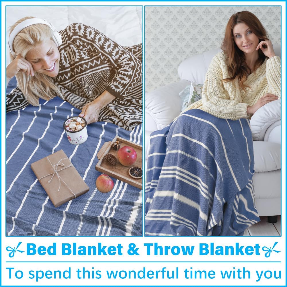 Oversized Turkish Beach Towel Blanket XXL Cotton Sandproof Towels Boho Woven Extra Large Big Sand Free Giant Throw Thick Blankets Huge Quilt XL Picnic Camping Necessities Cloud For Adult Gifts Blue