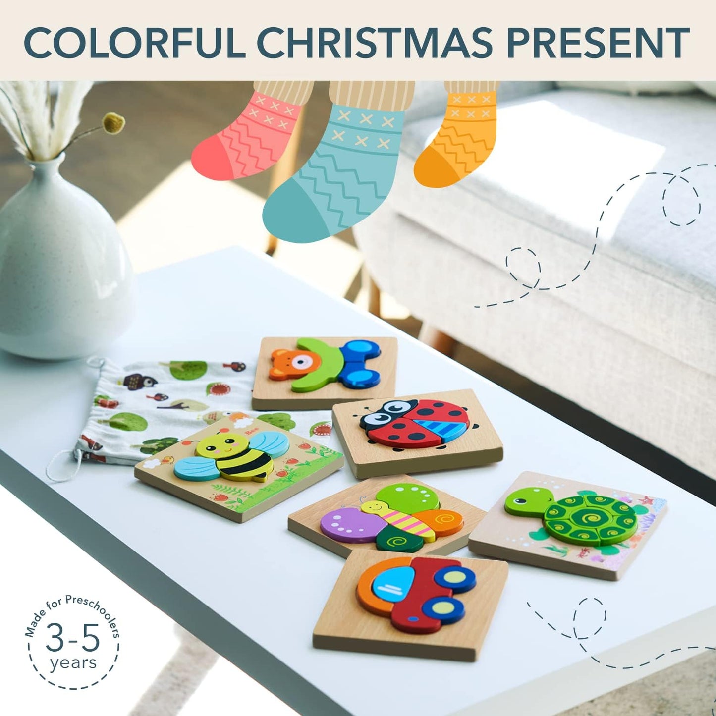 MAGIFIRE Wooden Puzzles 12-18 Months - Multicolor 6-Pack Animal & Vehicle Shapes with Storage Bag - Chunky Wood Puzzles for Fine Motor & Hand‐Eye Coordination - Ideal Toddler Gifts Age 1-2