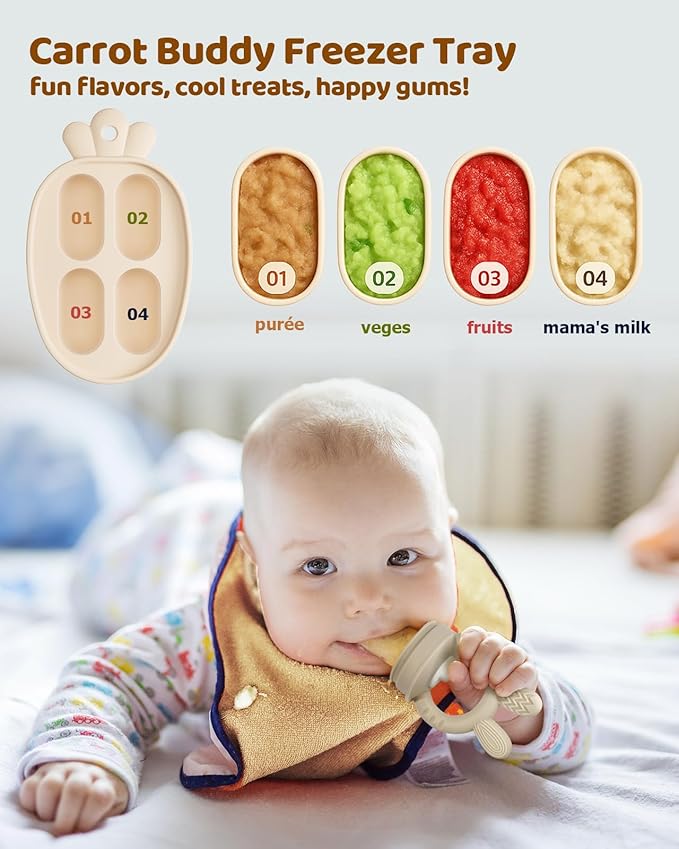 2 Packs Baby Fruit Feeder & Freezer Nibble Tray Combo, Push Pop Baby Food Feeder to Safely Introduce New Foods, Fresh & Frozen Food Silicone Feeder, 100% Food Grade, BPA Free (Caramel & Blue)