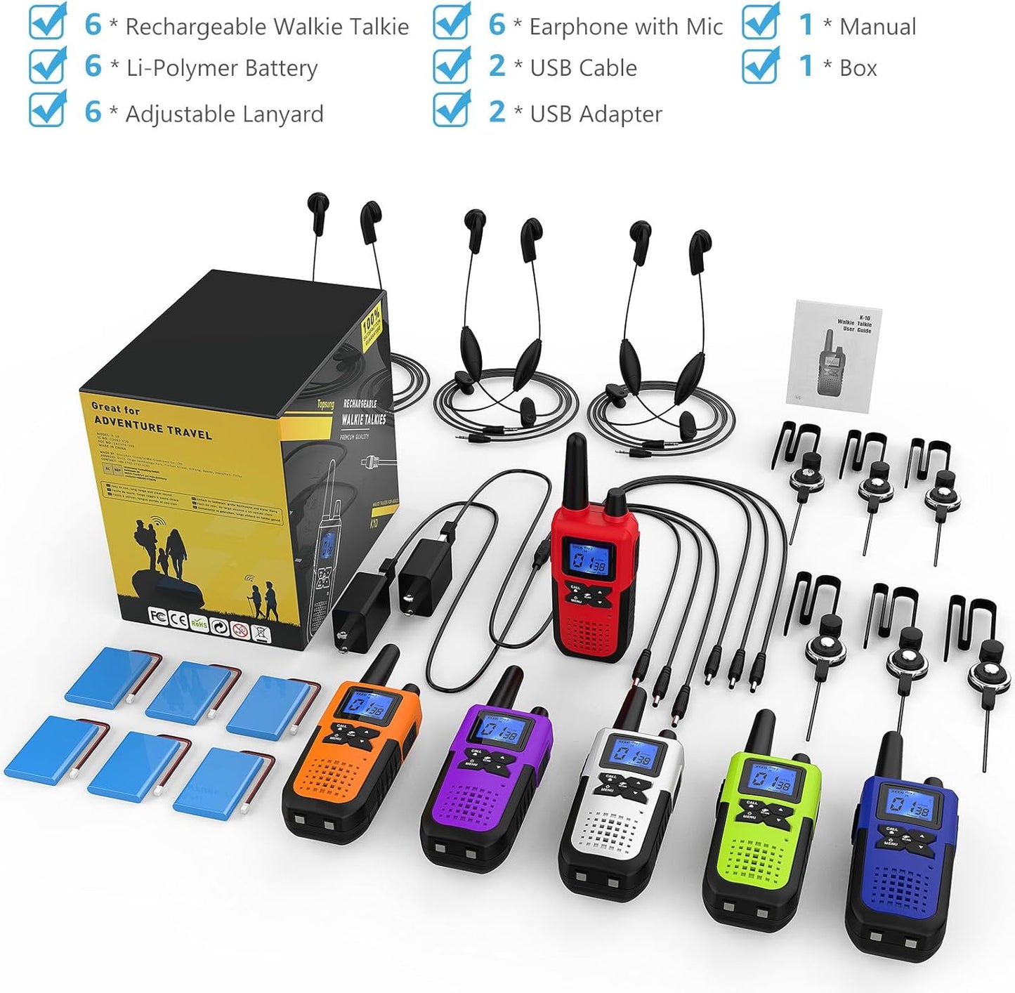 Walkie Talkies Rechargeable for Adults Long Range with Earpiece NOAA Weather Alert, Multi-purpose 2 Way Radio 6 Pack for Team Work Senior Care Kid Adventure Family Camping Hiking Skiing Cruise