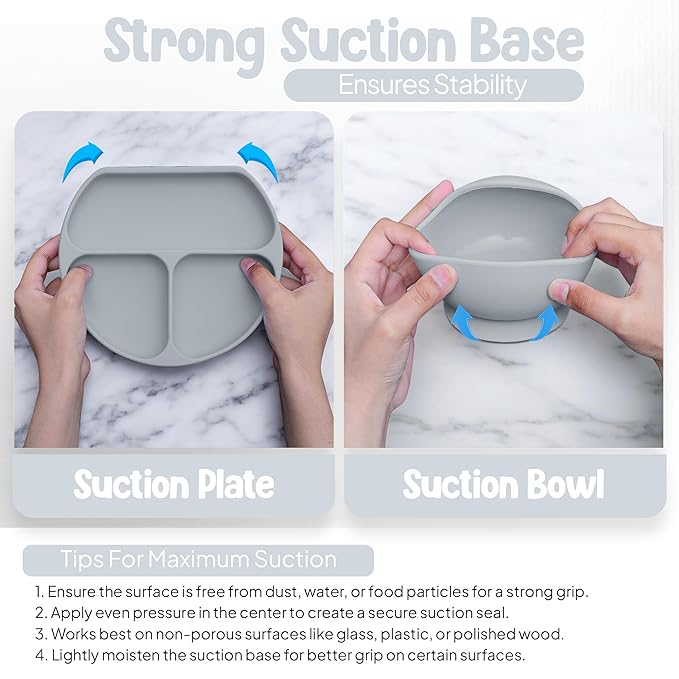 O'doe 11-Piece BPA-Free Silicone Baby Feeding Set | Thick & Soft Suction Plates, Baby Bowls, Wooden Fork & Spoon, and More | Make Mealtime Fun and Easy for Your Little One (Grey, V1)