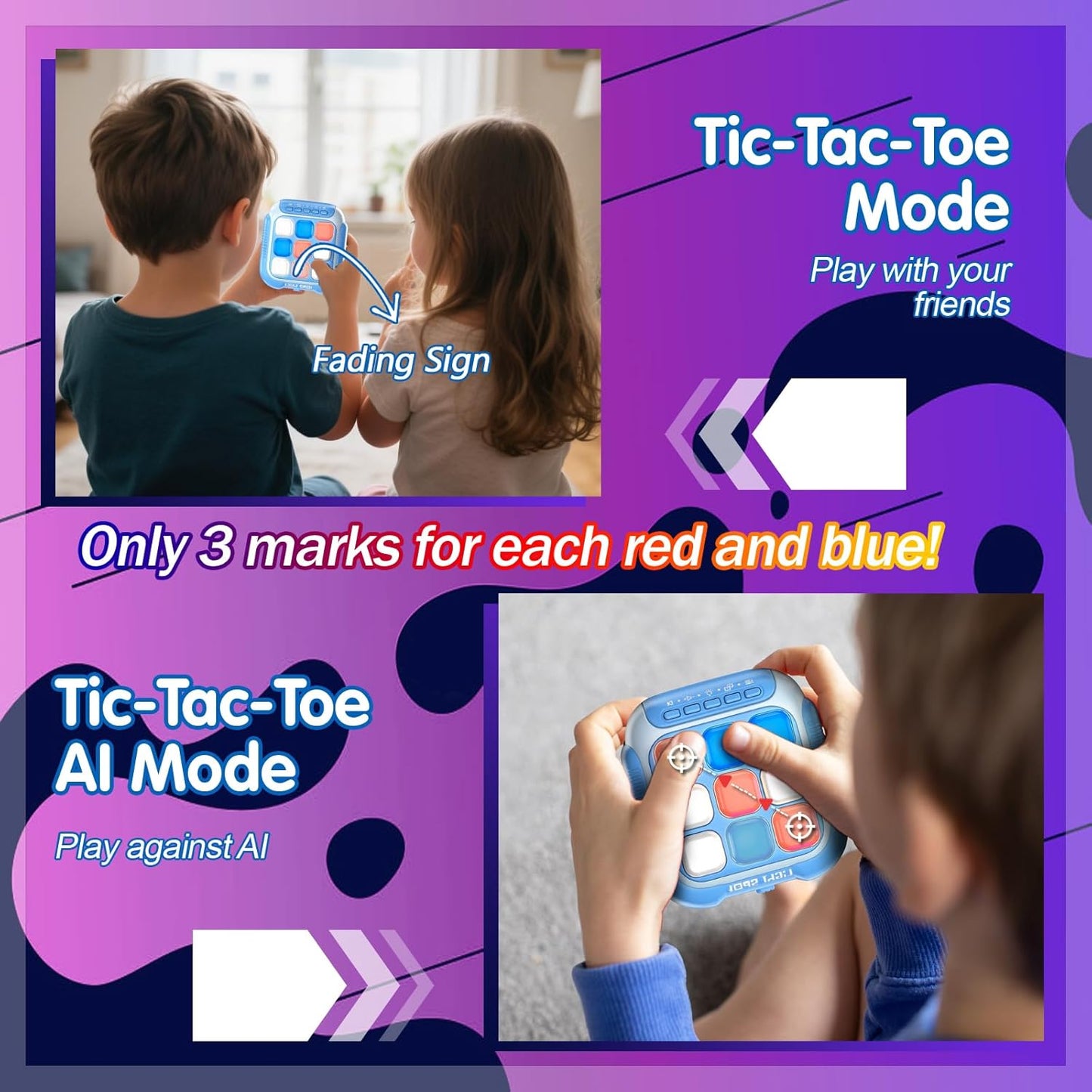 Tic Tac Toe Electronic Handheld Puzzle Game Console Fidget Toys w/ 7 Game Modes, Portable Fast and Fun Car Travel Press Games for Kids and Adults, Ideal Xmas Birthday Gifts for Ages 3+ (Blue)