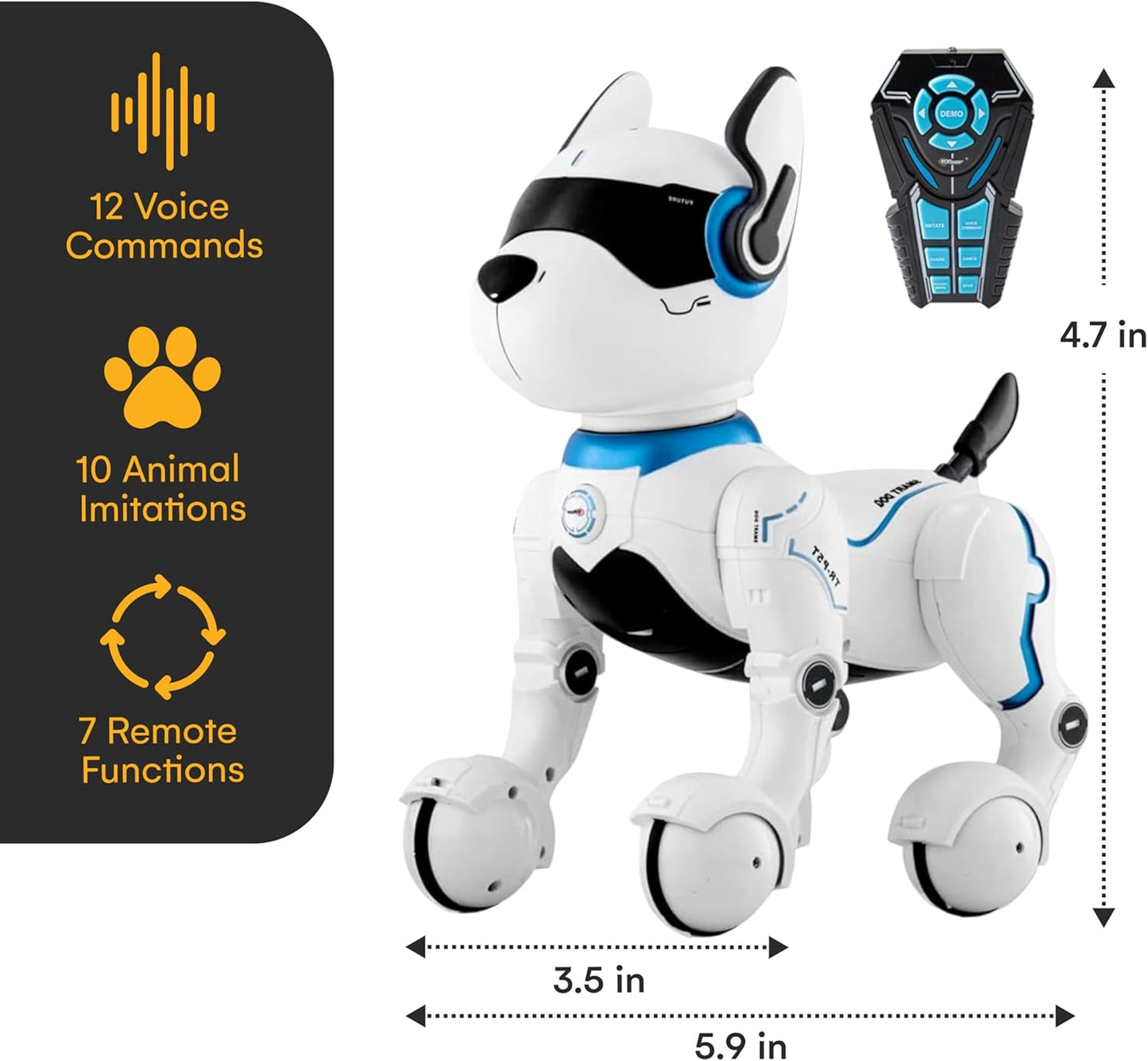 Top Race Rechargeable Robot Dog- Interactive Smart Robo Dog for Kids Ages 5-7 - Programmable with Remote Control, Voice and Touch Features - Realistic Actions and Perform Tricks - 4x5x6 Inches (White)