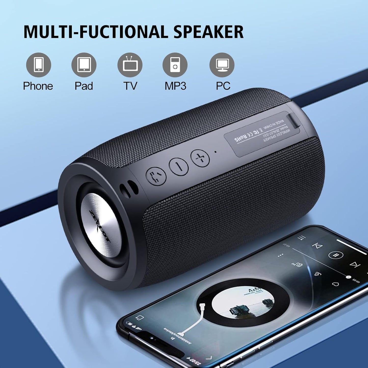 ZEALOT Portable Bluetooth Speakers, Wireless Speaker, S32 Samll Outdoor Speaker, Waterproof IPX5, Stereo Pairing/Bass/USB/MIC/TF Card/AUX for Home Outdoor Travel, Gift for Men, Kids -Black